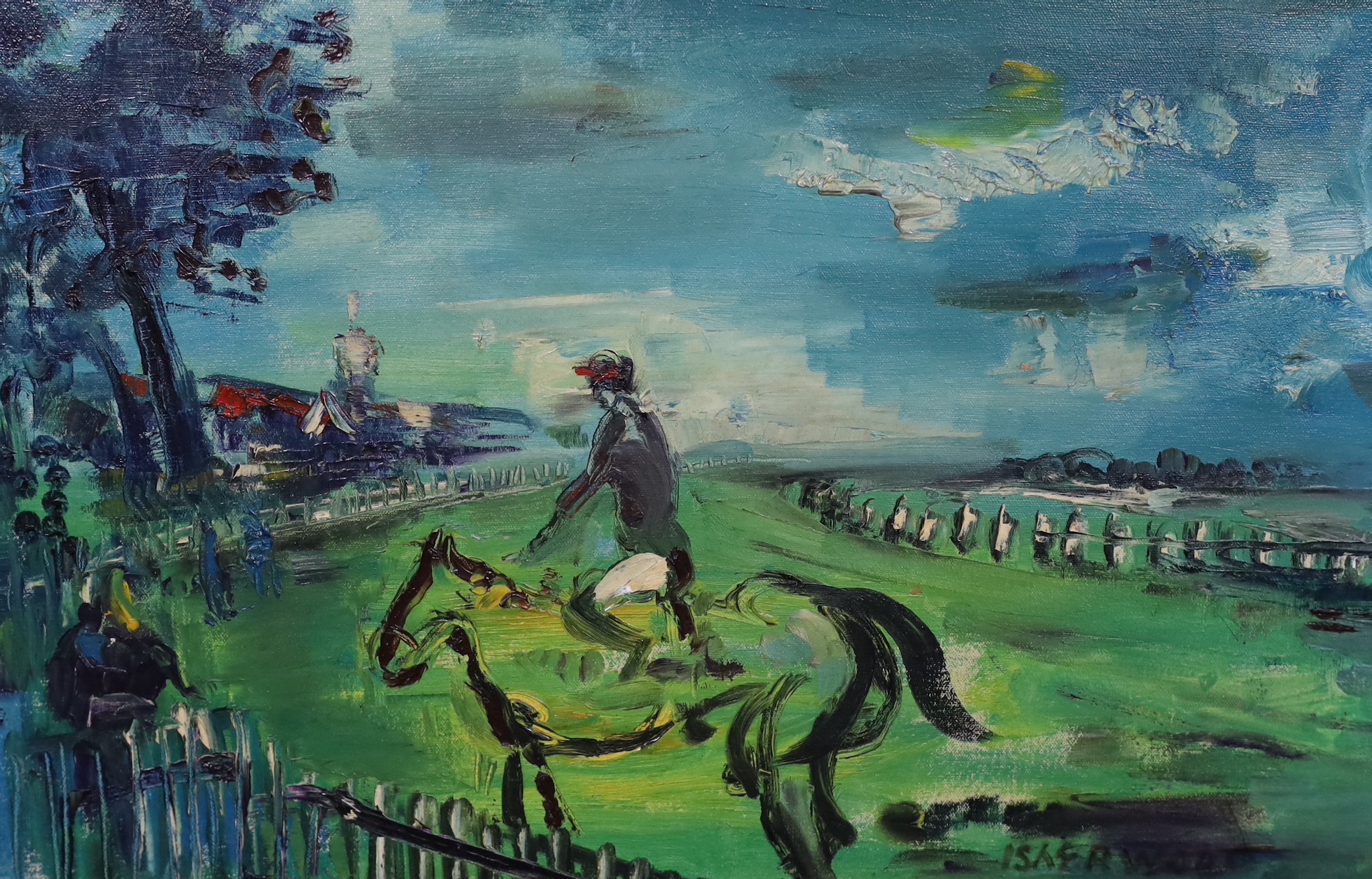 James Lawrence Isherwood (British, 1917- 1989), Horse at Haydock Park, oil on board, 40 x 60cm